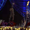 The Asian Games flame is lit in the cauldron during the opening ceremony.