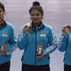 SHOOTING: Sift Samra, Ashi Chouksey and Manini Kaushik with their Silver medals in 50m Rifle 3P Team event