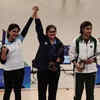 Gold medallist Palak and silver medallist Esha Singh. Palak won gold, Esha Singh silver in women's 10m air pistol