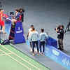 BADMINTON: Coach Pullela Gopichand talking to HS Prannoy at the breather in first game
