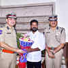 Telangana DGP Anjani Kumar and other police officials meet state Congress president Revanth Reddy at his residence in Hyderabad