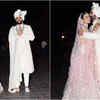Newlyweds Rakul Preet Singh and Jackky Bhagnani pose for the media outside their wedding venue