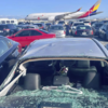 Tire blows off during takeoff 