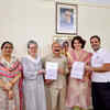 Congress party's newly-elected MP from Amethi, Kishori Lal Sharma shows his winning certificate as he meets Congress Parliamentary Party Chairperson Sonia Gandhi, General Secretary Priyanka Gandhi Vadra and MP Rahul Gandhi.