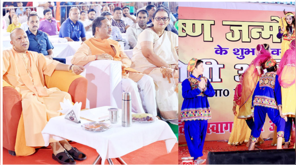 Yogi Adityanath lights lamp, offers flowers