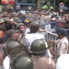 Visuals near outside Kolkata Police (Head Quarters) in Lal Bazar, Kolkata: Protestors break away Police barricades, chant slogans and agitate over RG Kar Medical College and Hospital rape-murder case. 