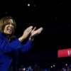 Kamala gesturing towards crowd