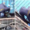Workers cleaning the aftermath