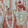 ​A regal red and gold bridal ensemble