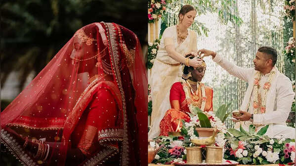 A divine bridal look in a red Banarasi saree