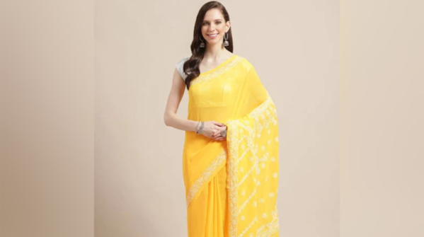Yellow cotton chikankari saree