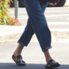 Blue straight-fit jeans with black Birkenstocks 