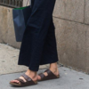 Brown Birkenstocks with barrel-fit jeans 