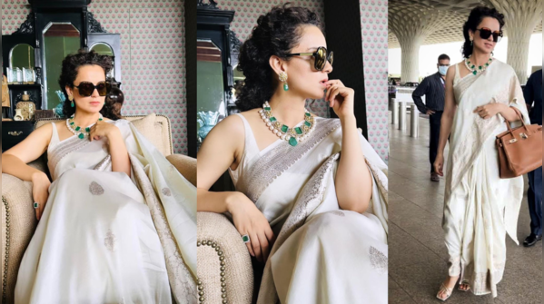 Kangana Ranaut’s Gold and ivory Banarasi at the Airport