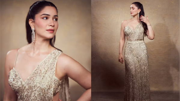 The sleek ivory saree gown