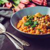Chana masala, lauki curry, and curd rice