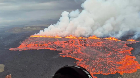 Fiery fissures light up Iceland from above