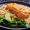 Baked salmon with spicy peanut butter glaze