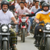 Rahul, Tejashwi ride motorcycles in Purnea