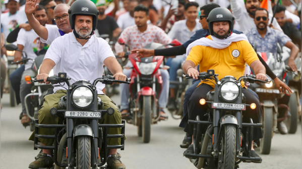 Rahul, Tejashwi ride motorcycles in Purnea