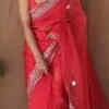 Deep-coloured organza or satin saree