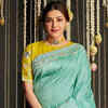 Sea green saree with mustard blouse