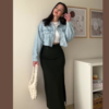 Denim skirt + feminine blouse for balance