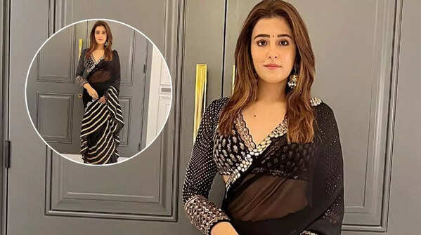 Black and white ruffled saree