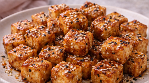 Tofu cubes with sesame glaze