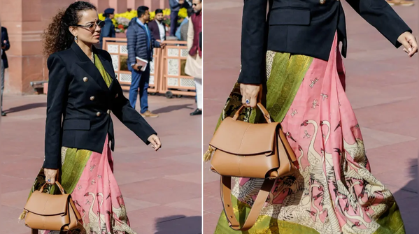 Statement motif saree and a graceful black blazer touch