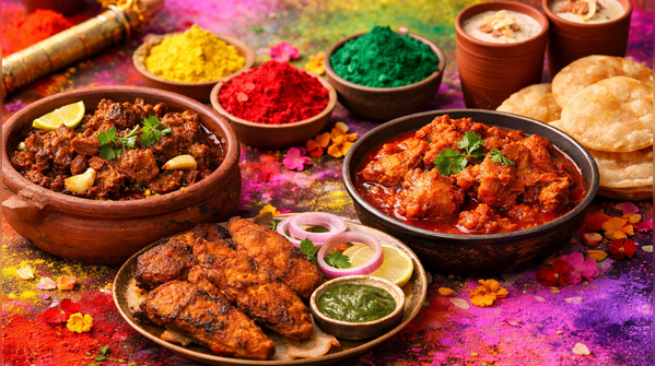 Why is meat traditionally eaten in several parts of India during Holi?