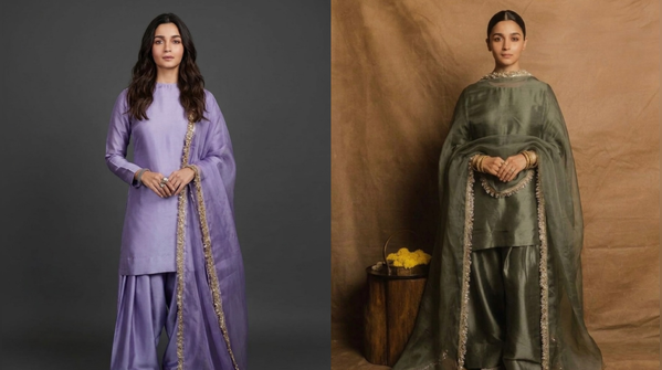 Alia in a variety of silk suits