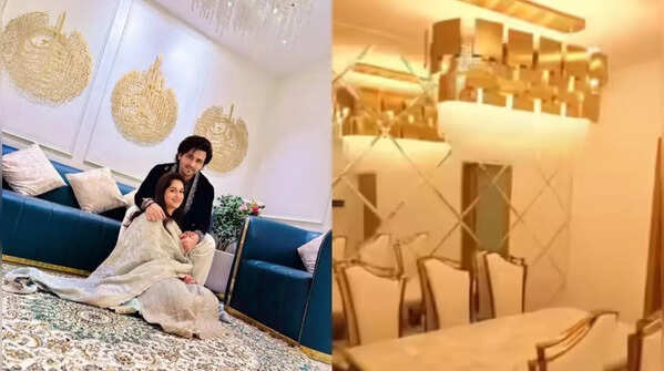 Massive living room with golden and white decor