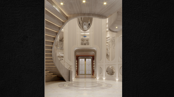 A curved, sweeping staircase
