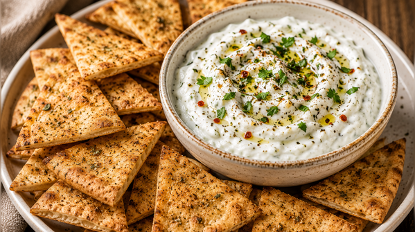 Greek yoghurt savoury dip with air-fried pita chips
