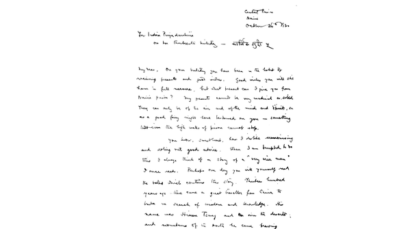 Photostat of first page of letters to Indira Nehru