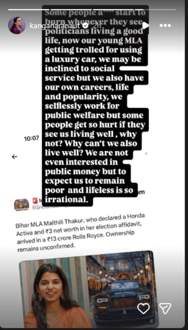 Kangana Ranaut HITS BACK at people trolling Maithili Thakur for arriving in Rolls-Royce at Lalbaugcha Raja: 'Some people a**** start to burn' | Hindi Movie News - The Times of India