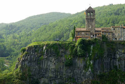 Aerial View Of Castellfollit De La Roca Cliff Village In Catalonia