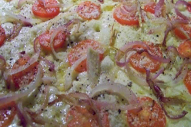 Focaccia with carmelized onions &amp; tomatoes