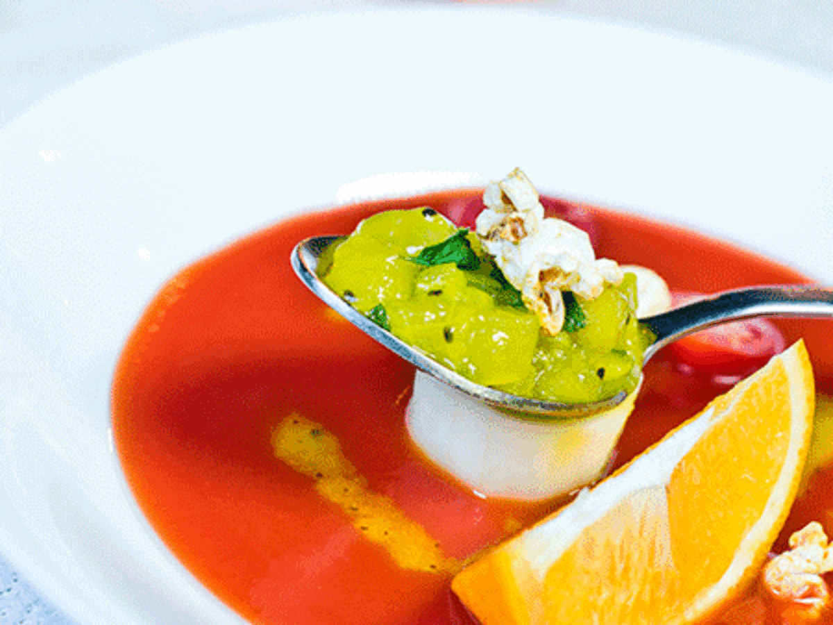 Chilled Mango & Tomato Gazpacho with Popcorn Recipe