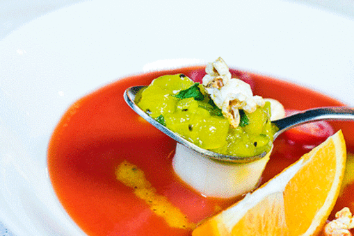 Chilled Mango & Tomato Gazpacho with Popcorn