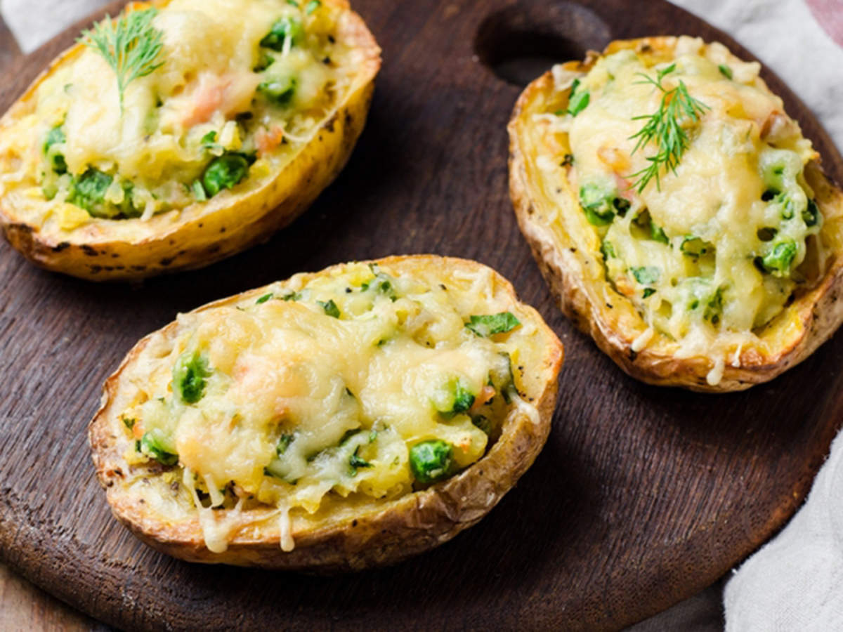 Cheddar Stuffed Potatoes With Peas Recipe