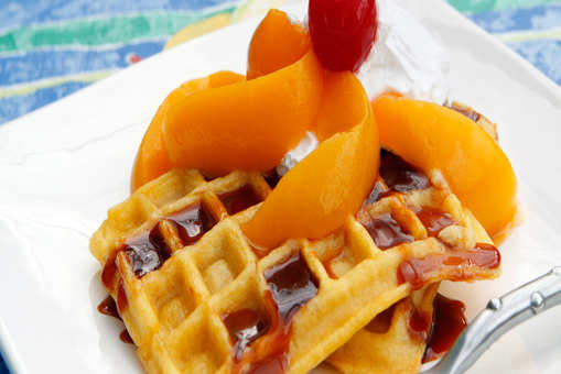 Gingerbread Waffles with Peach Sauce