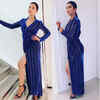 Gauahar rocks a plunging neckline and thigh-high slit