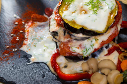 Mushroom and Eggplant tower with Tomato Chutney