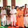 PM Modi, accompanied by Union textiles minister Smriti Irani, UP governor Ram Naik, chief minister Yogi Adityanath and other leaders, inaugurates the Deendayal Hastkala Sankul, a trade facilitation centre for handicrafts, in Varanasi on Friday.