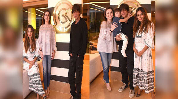 Pic: Nita Ambani visits Gauri Khan's store and poses with Shah Rukh Khan and AbRam