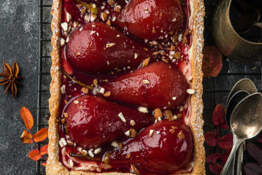Red Wine Poached Pear and Chocolate Tart