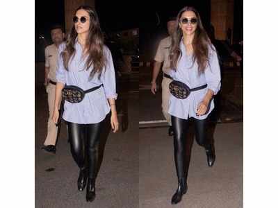 Deepika makes a stunning airport appearance in leather pants and