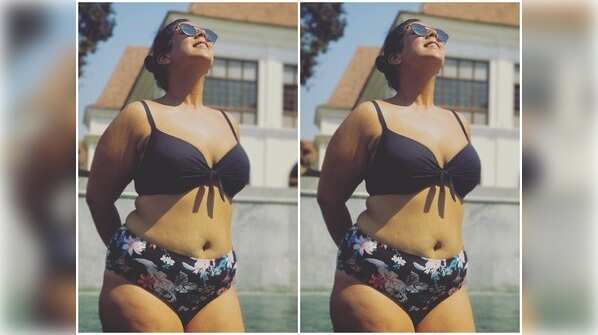 Sporting a floral bikini